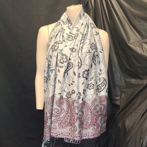Pashmina Floral Paisley Scarf in Pink, Grey and Black 74" X 27"